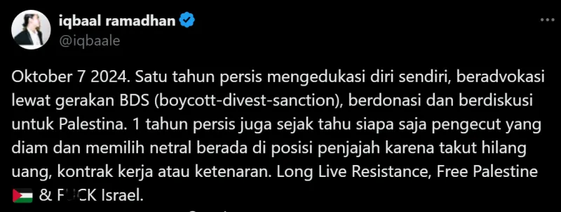 Penyanyi Iqbaal Ramadhan terus menunjukkan keberpihakannya ke perjuangan rakyat Palestina dalam akun X miliknya. (X/@iqbaale)