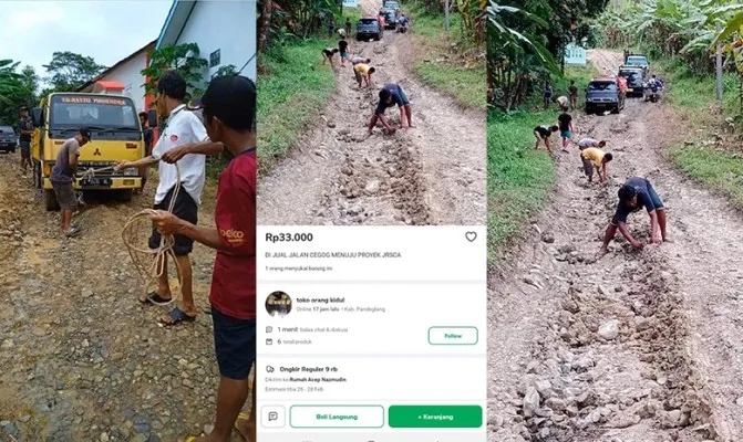 Kondisi jalan rusak di Kampung Cegog yang dijual seharga Rp33.000 di Tokopedia. (Foto/tangkapankayar@tokopedia)