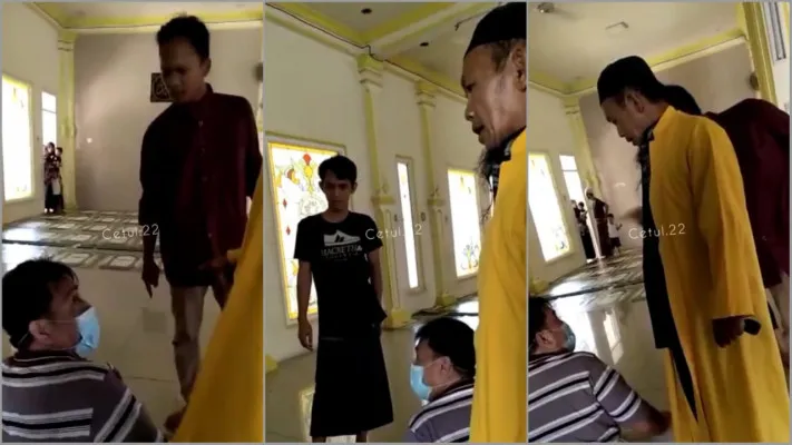 Tangkapan layar video viral jemaah salat memakai masker dibentak dan diusir oleh pengurus masjid di Bekasi. (foto: instagram/@cetul.22)