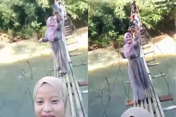 Detik-detik jembatan terputus saat dilalui warga Kabupaten Lebak yang hendak berziarah kubur. (Tangkapan Layar Video)