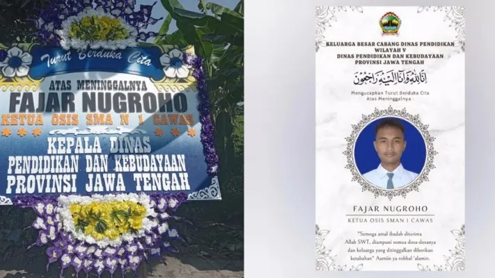 Karangan bunga membanjiri jalan kampung hingga rumah duka Ketua OSIS SMAN 1 Cawas, Klaten, Jawa Tengah yang tewas usai mendapat kejutan ulang tahun dari teman-temannya. (Instagram: @prabawiyatatama)