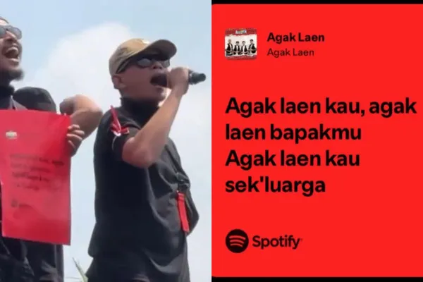 Komika memandu lagu 'Agak Laen' di hadapan para pendemo di depan gedung DPR, Senayan, Jakarta Pusat pada Kamis, 22 Agustus 2024. (Kolase X/@aingriwehuy & @agungbla)