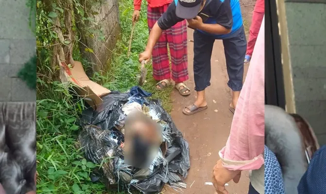 Penemuan mayat perempuan terbungkus kain dan plastik dikira sampah, oleh warga Kampung Pisang Karadenan Bogor. (Foto/polsekcibinong)