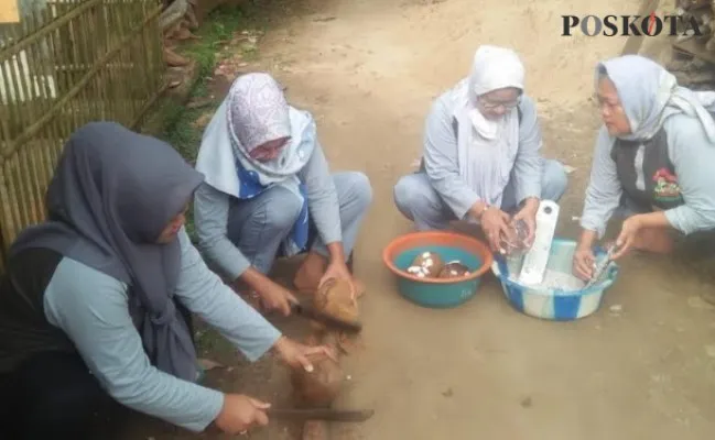 Emak - emak PKK Cigadung, Pandeglang saat mengolah buah kelapa jadi minyak goreng keletik. (Samsul Fatoni).