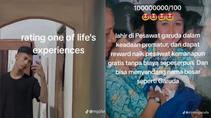 Cerita pemuda asal Madiun yang bisa naik pesawat Garuda gratis seumur hidup viral di TikTok. (Foto: tangkapan layar TikTok/@mjohngaruda)