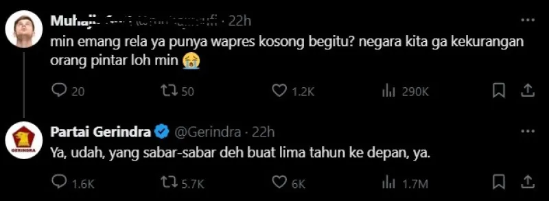 Akun X Partai Gerindra membalas cuitan tentang wapres kosong yang mengundang sorotan netizen terkait kasus Fufufafa. (X/@PartaiGerindra)