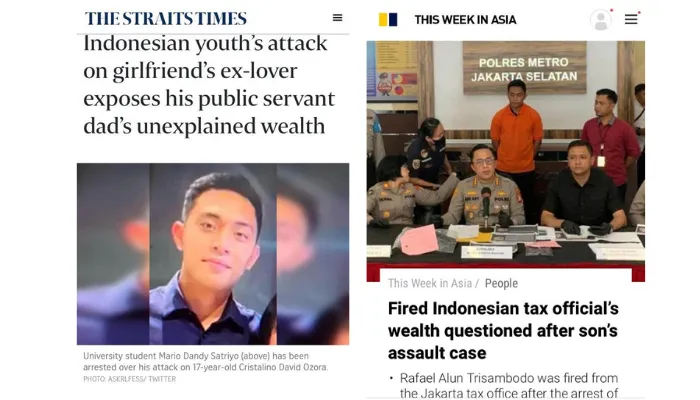 2 media asing soroti kasus penganiayaan Mario Dandy Satriyo kepada David. (dok. SCMP & The Straits Times)