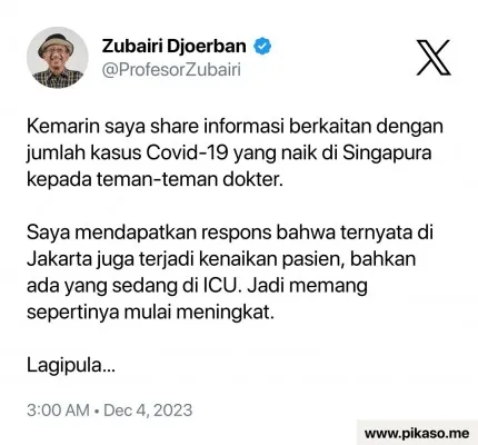 Profesor Zubairi Seorang Ahli Kesehatan Menduga Covid 19 di Indonesia juga Meningkat foto: twitter.com/@ProfesorZubairi