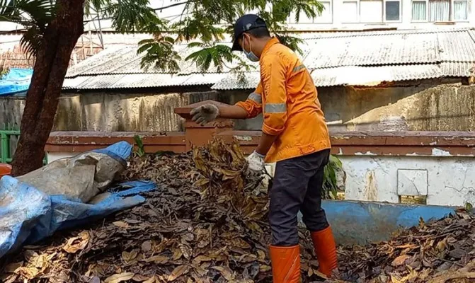 Petugas sedang membereskan sampah dedaunan yang sudah kering untuk diolah menjadi pupuk organik. (Foto/ppsudurikepa)