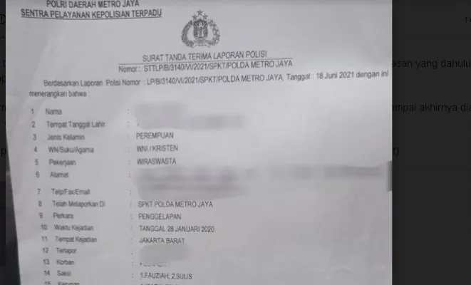 Laporan dugaan kasus penipuan yang diduga dilakukan mantan istri perwira tinggi TNI. (Ist)