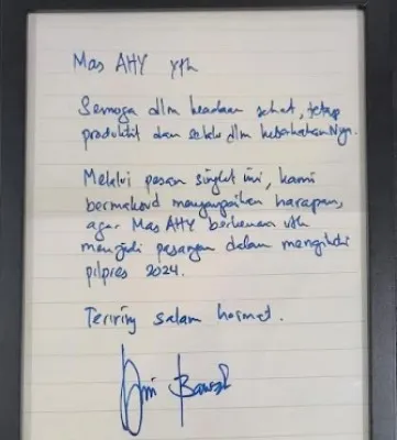 surat  Anies Baswedan yang menyampaikan harapan agar AHY menjadi pasangannya dalam kontestasi Pilpres 2024.(Ist)