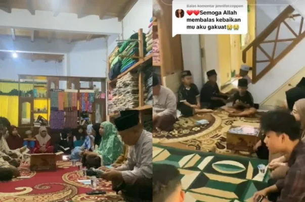 Potret acara tahlilan bersama anak Yatim yang diadakan seorang warganet untuk mendoakan Almarhum Dali Wassink, suami Jennifer Coppen. (Kolase Tangkap Layar TikTok/@itsmerbu)