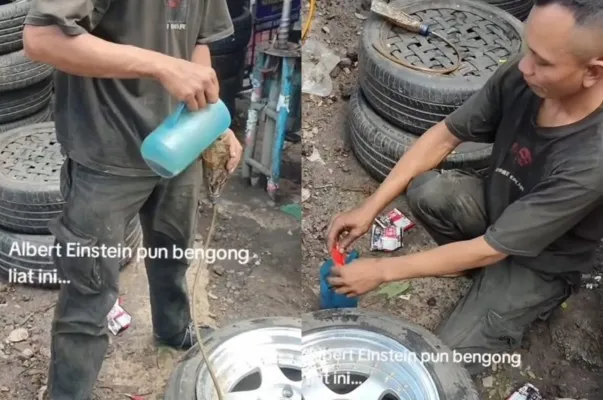 Viral, tukang tambal ban isi ban dengan kopi seduh.(Tangkap Layar Instagram/@mood.jakarta)