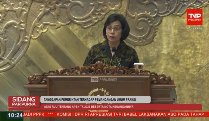 Menteri Keuangan Sri Mulyani Indrawati dalam dalam Rapat Paripurna DPR terkait Tanggapan Pemerintah terhadap Pemandangan Umum Fraksi atas RUU APBN 2023 beserta nota keuangannya. (rizal/tangkapan layar)