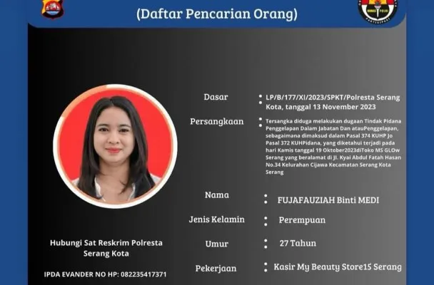 Tersangka penggelapan uang sebesar Rp1,3 Miliar, Fuza Fauziah,m diburu polisi. (Ist)