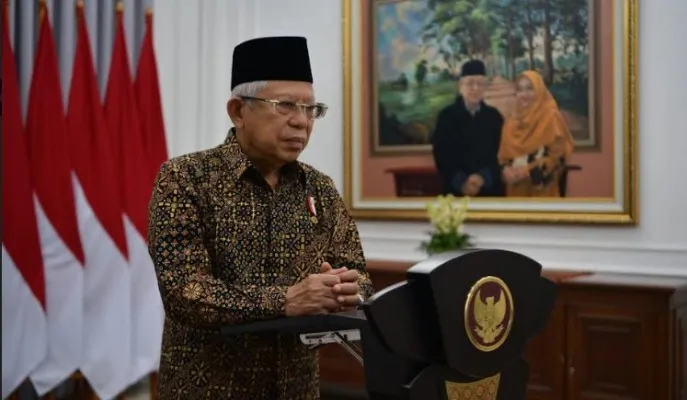 Wapres KH Ma'ruf Amin saat menghadiri  secara daring acara Peresmian Balai Latihan Kerja (BLK) Komunitas dan Akselerasi Kemandirian BLK Komunitas. (setwapres)