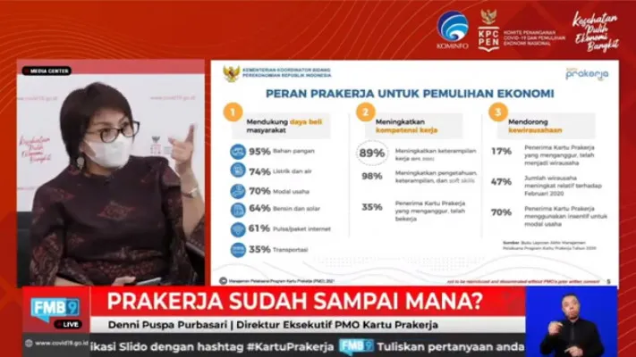 Direktur Utama PMO Prakerja, Denni Puspa Purbasari dalam Dialog Produktif "Prakerja Sudah Sampai Mana?" yang diselenggarakan KPCPEN. (foto: youtube/@FMB9ID_IKP)