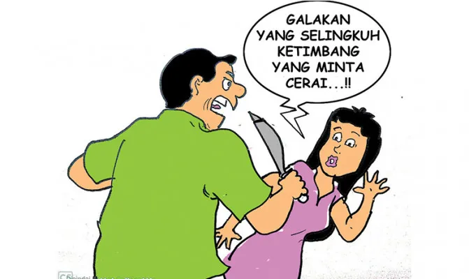 Karikatur Nah Ini Dia: Suami doyan mesum ngamuk, gara-gara istri minta cerai (Kartunis/Poskota.co.id/GTS)