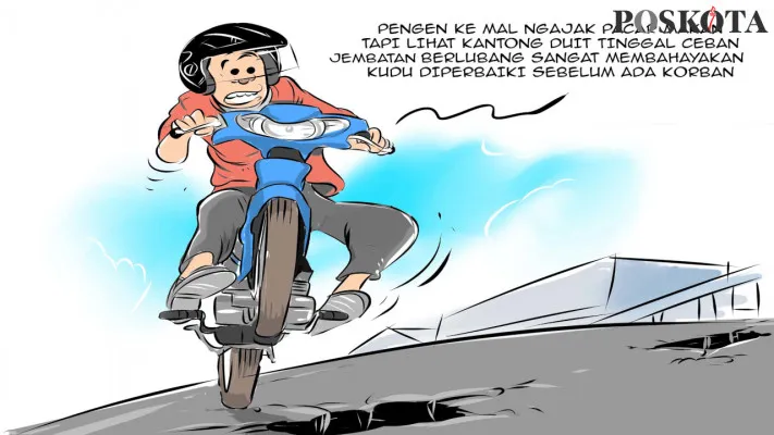 Karikatur: Flyover Jembatan Dua Berlubang Bahayakan Pengendara. (Kartunis/Poskota.co.id)