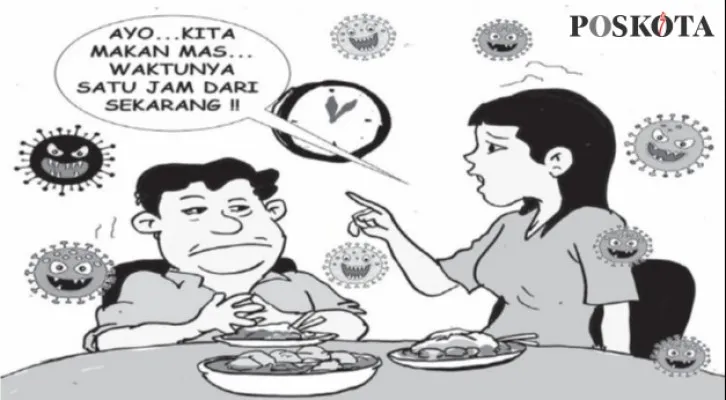 Cukup Satu Jam Makan Semeja Berdua. (Kartunis/Sental-Sentil/Poskota.co.id)