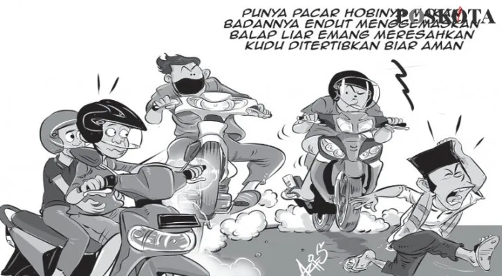 Balapan Liar di Jalan Bomang Tajur Halang Bikin Resah. (Kartunis/Aspirasi Warga/Poskota.co.id)