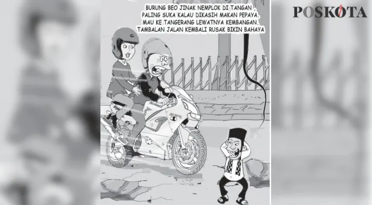 Bekas Tambalan Jalan Kembali Rusak Bahayakan Pemotor. (Kartunis/Aspirasi Warga/Poskota.co.id)