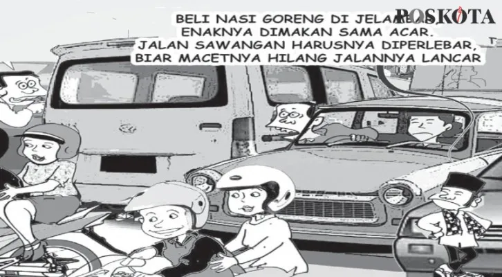 Jalan Raya Sawangan Langganan Macet. (Kartunis/Sental-Sentil/Poskota.co.id)