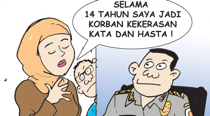 Kartun Nah Ini Dia: Lama-lama Tidak Tahan Juga 14  Tahun Menjadi Korban KDRT. (kartunis: poskota/ucha)