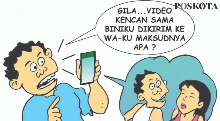 Kartun Nah Ini Dia: Kencani Bini Teman Senidiri Videonya Dikirim ke Suami. (kartunis: poskota/ucha)