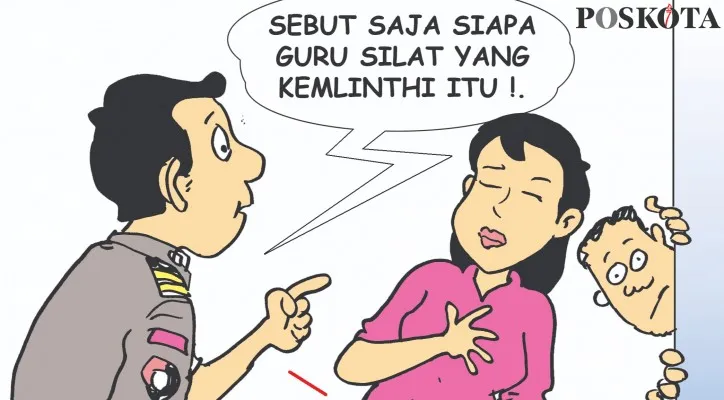 Kartun Nah Ini Dia: Guru Silat yang Kemlinthi, Kabur Usai Menghamili ABG. (kartunis: poskota/ucha)