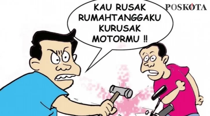 Kartun Nah Ini Dia: Rusak Rumah Tangga Orang, Gantian Motornya Dirusak. (kartunis: poskota/ucha)