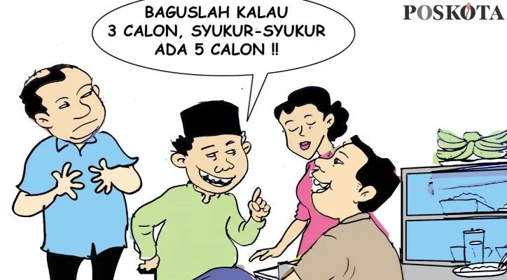 Kartun Obrolan Warteg: Tiga Calon Saja berat, Apalagi Lima. (kartunis: poskota/ucha)