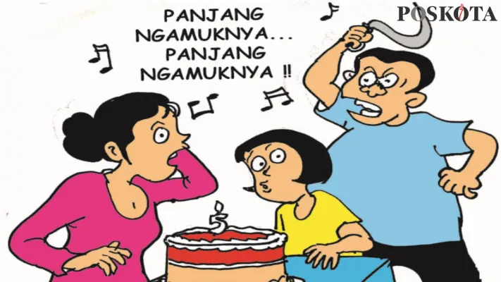 Karikatur Nah Ini Dia: Anak Asyik Berulang Tahun Orang Tua Gegeran Sendiri. (kartunis: poskota/arif's)