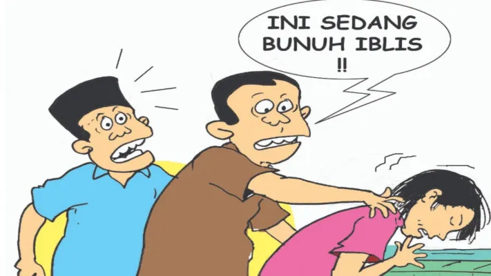 Karikatur Nah Ini Dia: Saat Warga Lapor Pak Kades, Bini Tewas Dibenamkan Suami. (kartunis: ucha)