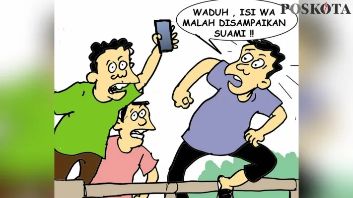 Karikatur Nah Ini Dia: Mengirim WA Rayu Istri Orang, Isinya Malah Dilapor ke Suami. (karikaturis: poskota/ucha)