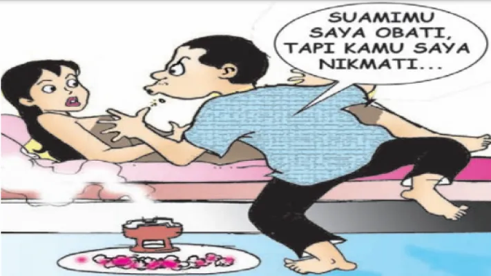 Maka dukun Nurdin minta izin untuk menerapi istri Cedin di kamar, itung-itung sebagai vaksinnya. (Kartunis/Nah Ini Dia/Poskota.co.id)