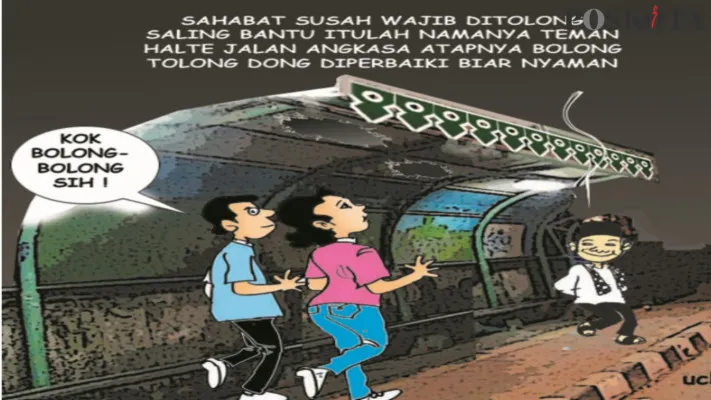 Karikatur Aspirasi Warga: Halte Jalan Angkasa Bolong, Tanahnya Ambles. (kartunis: ucha)