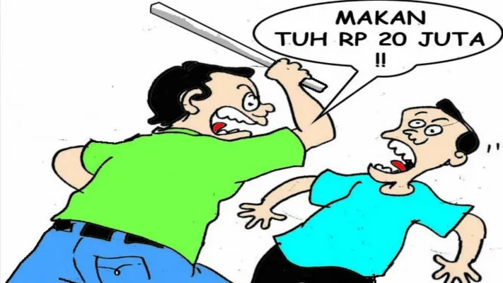 Karikatur Nah Ini Dia: Nyesek Kena Denda Rp20 Juta Suami Selingkuhan Digebuki. (kartunis: poskota/ucha)