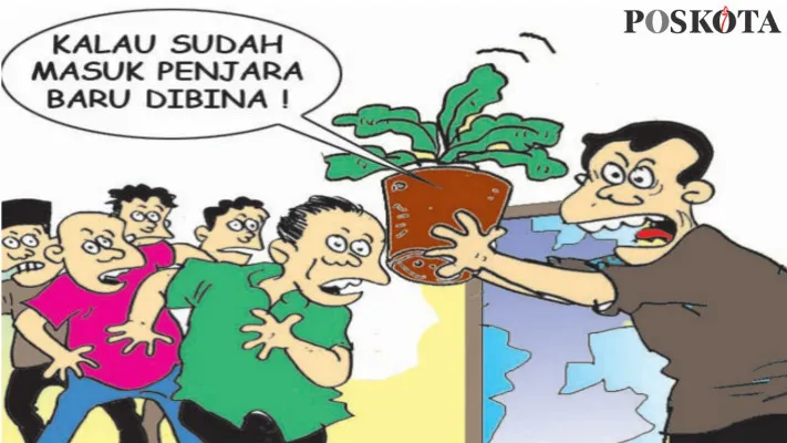 Karikatur Nah Ini Dia: Praktisi Mesum Hanya Dibina, Warga Merusak Kantor Desa. (kartunis: poskota/ucha)