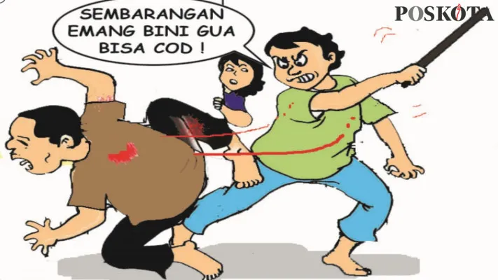 Karikatur Nah Ini Dia: Pengin Nyate Istri Orang, Tukang Sate Kena Pentung. (kartunis: poskota/arif's)