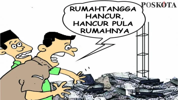 Karikatur Nah Ini Dia: Bini Menjadi TKI Menikah Lagi, Rumah Gono-Gini Dirobohkan. (kartunis: poskota/ucha)