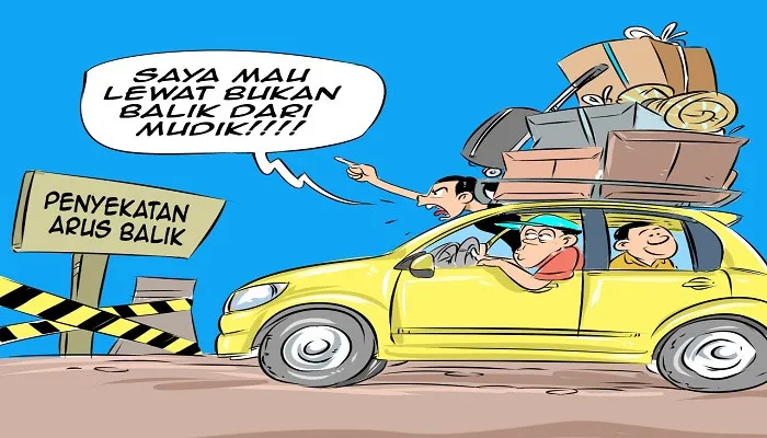 Ilustrasi mudik lebaran. (kartunis: poskota/arif)